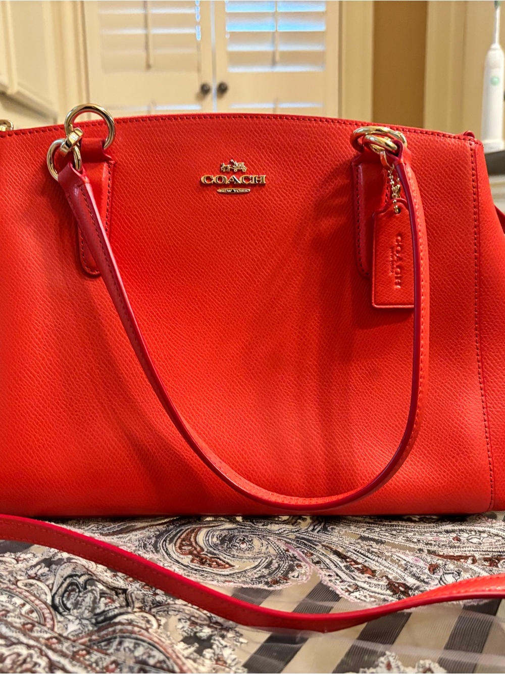 Coach Bright Red Leather Shoulder Tote with Gold Accents